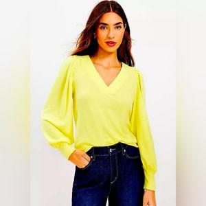 Loft Bright Yellow Textured Cozy Puff Sleeve V-Neck Top Size M